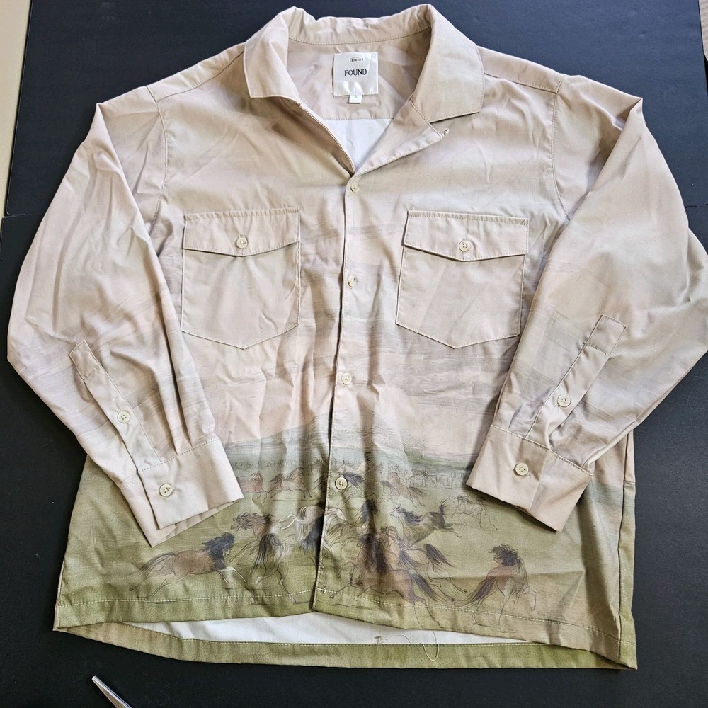 FOUND‎ Women's Button Up Horse Print Blouse Size Small Western Sheer Long Sleeve